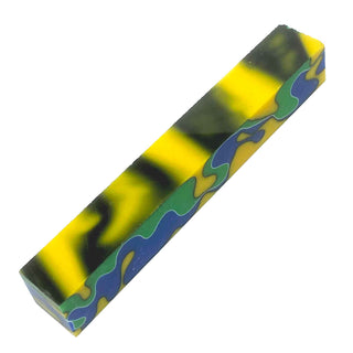 Lagoon acrylic pen blank with yellow, blue, and green swirl pattern and black and white ribbon accents. Side view