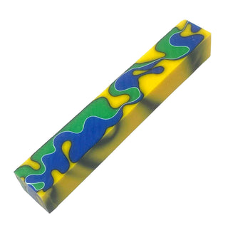 Lagoon acrylic pen blank with yellow, blue, and green swirl pattern and black and white ribbon accents.