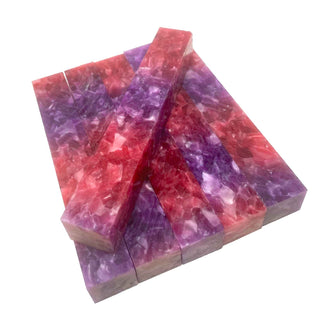 Wild Orchid acrylic pen blank with hot pink and purple chip-style pattern in acrylic acetate. Group