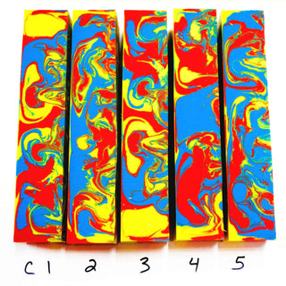 John Underhill handmade Alumilite pen blanks with red-orange, yellow, white, and blue swirl patterns. 01-05C
