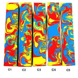 John Underhill handmade Alumilite pen blanks with red-orange, yellow, white, and blue swirl patterns. 01-05C