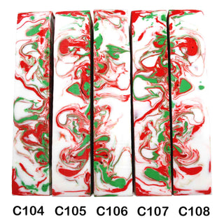 John Underhill handmade Alumilite pen blanks with red, green and white swirl patterns. 104-108C
