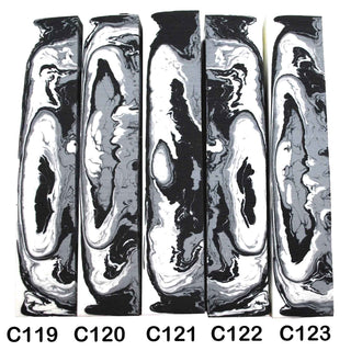 John Underhill handmade Alumilite pen blanks with black, grey and white swirl patterns. 119-123C