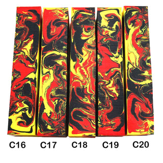 John Underhill handmade Alumilite pen blanks with Red, Yellow and Black swirl patterns. 16-20C
