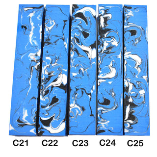 John Underhill handmade Alumilite pen blanks with black, white, and blue swirl patterns. 21-25C