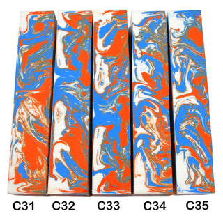 John Underhill handmade Alumilite pen blanks with orange,white, grey and blue swirl patterns. 31-35C