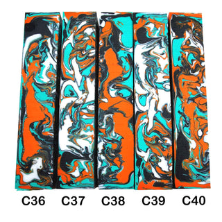 John Underhill handmade Alumilite pen blanks with Orange, Aqua, Black and white swirl patterns. 36-40C