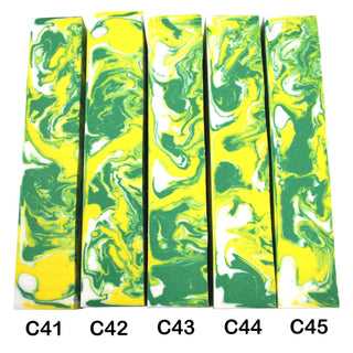 John Underhill handmade Alumilite pen blanks with green, yellow, and white swirl patterns. 41-45C
