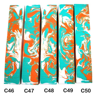John Underhill handmade Alumilite pen blanks with aqua, orange and white swirl patterns. 46-50C