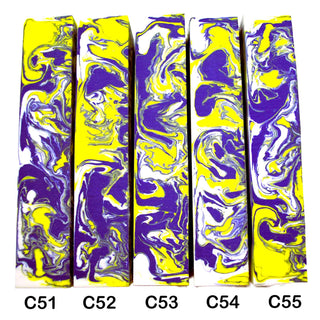 John Underhill handmade Alumilite pen blanks with yellow, purple and white swirl patterns. 51-55C