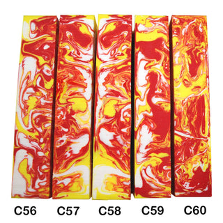 John Underhill handmade Alumilite pen blanks with yellow, red and white swirl patterns. 56-60C