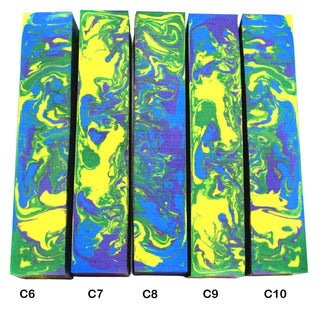 John Underhill handmade Alumilite pen blanks with green, purple, yellow, white, and blue swirl patterns. 06-10C
