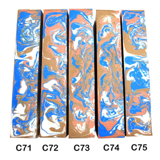 John Underhill handmade Alumilite pen blanks with blue, tan, pink and white swirl patterns. 46-50C