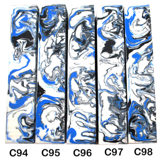 John Underhill handmade Alumilite pen blanks with black, blue and white swirl patterns. 94-98C