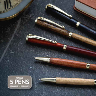 Step-by-step overview showing the pen turning process from squaring the blank to turning, polishing, and final assembly.