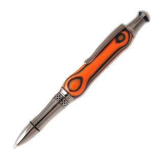 Handcrafted custom pen turned from a Bengal Stripe Poly Resin Pen Blank featuring bold orange and black tiger stripes with chrome hardware.