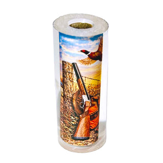 Pheasant Hunter Pen Blank by John U featuring a ring-necked pheasant in flight, shotgun, blaze-orange hunting gear, and field scenery.