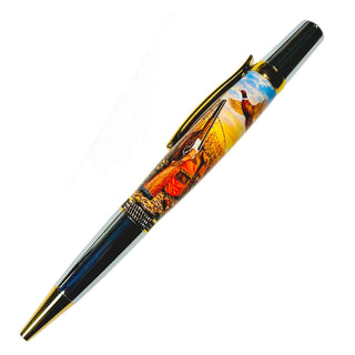 Finished Sierra-style pen made with the Pheasant Hunter Pen Blank by John U featuring a flying pheasant, shotgun, and upland bird hunting scene.