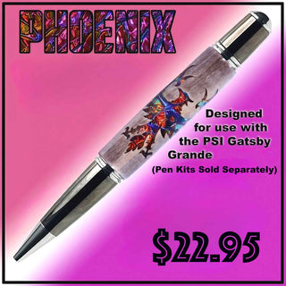 Phoenix Dichrolam® Laser Cut Inlay Kit featuring a detailed phoenix rising from flames design with color-shifting Dichrolam® accents and a laser-cut stabilized wood blank for PSI Gatsby Grande twist pen kits. Red Blue Color