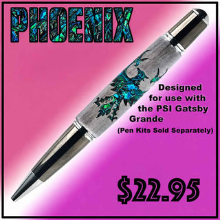 Phoenix Dichrolam® Laser Cut Inlay Kit featuring a detailed phoenix rising from flames design with color-shifting Dichrolam® accents and a laser-cut stabilized wood blank for PSI Gatsby Grande twist pen kits. Blue Green Color