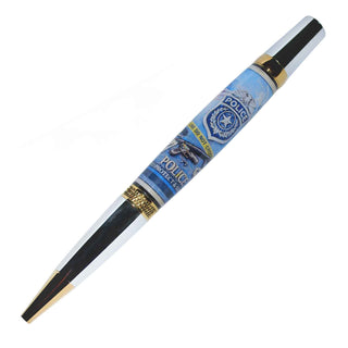 Police-themed resin pen blank by John U featuring police badge, Protect and Serve graphics, and blue law enforcement design for Sierra-style pen kits. On a Pen