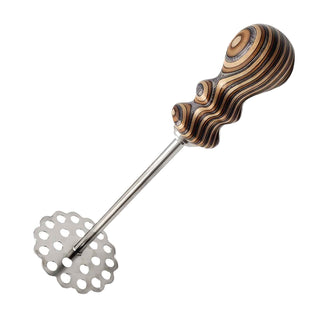 Finished stainless steel flat base potato masher with custom turned spectraply wood handle