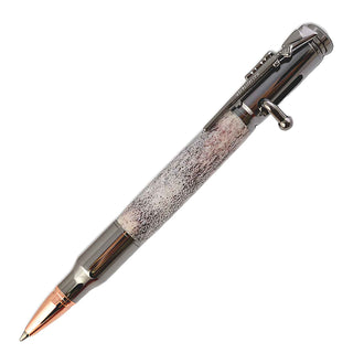 Handcrafted bolt action pen turned from a genuine pre-drilled deer antler blank.