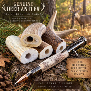 A deer antler pen displayed on a log in an outdoor forest setting, with several cut deer antlers and antler decor around it. The image includes marketing text reading 'Genuine Deer Antler Pre-Drilled Pen Blanks' and product details.