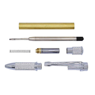 Precision Knurl Twist Pen Kit components including brass tube, ballpoint refill, spring, twist mechanism, clip, tip, and knurled cap. In Chrome