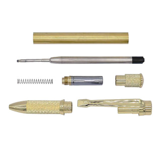 Precision Knurl Twist Pen Kit components including brass tube, ballpoint refill, spring, twist mechanism, clip, tip, and knurled cap. In Gold