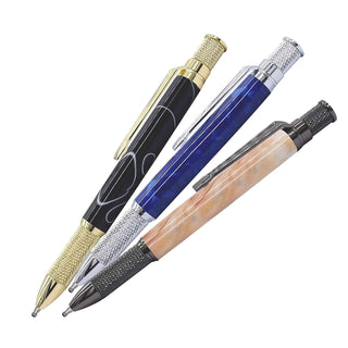 Precision Knurl Twist Pen Kits shown in chrome, gold, and dark plating with custom turned acrylic barrels
