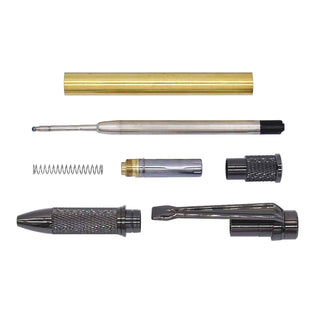 Precision Knurl Twist Pen Kit components including brass tube, ballpoint refill, spring, twist mechanism, clip, tip, and knurled cap. In Gun Metal