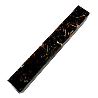Raffir Glitter Brown pen blank featuring translucent brown epoxy resin with suspended aluminum ribbons and metallic shimmer.