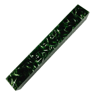 Raffir Glitter Green pen blank featuring translucent emerald green epoxy resin with reflective aluminum ribbons