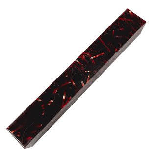 Raffir Glitter Red pen blank with deep translucent red epoxy resin and suspended aluminum metallic ribbons.