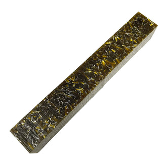 Raffir Glitter Yellow pen blank crafted from translucent golden-yellow epoxy resin with brilliant aluminum ribbons inclusions. Side view