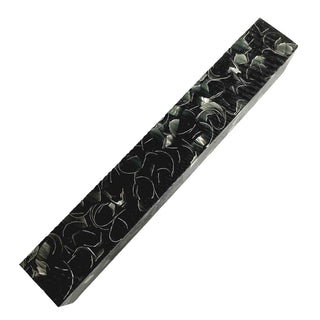 Raffir Sparkle Black pen blank made from translucent black epoxy resin with reflective aluminum chips and ribbons.