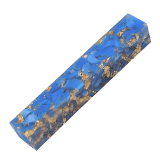 Gilded Moons Sapphire Acrylic Pen Blank with blue crescent shapes and metallic gold flakes in clear resin. Side view