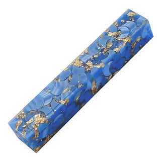 Gilded Moons Sapphire Acrylic Pen Blank with blue crescent shapes and metallic gold flakes in clear resin