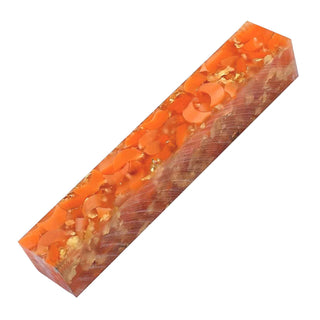 Gilded Moons Tangerine Acrylic Pen Blank with orange crescent shapes and metallic gold flakes in clear resin. Side view