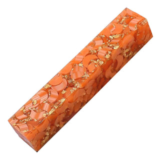 Gilded Moons Tangerine Acrylic Pen Blank with orange crescent shapes and metallic gold flakes in clear resin