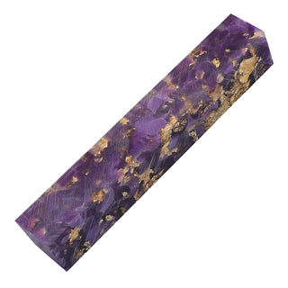 Gilded Moons Amethyst Acrylic Pen Blank with purple crescent shapes and metallic gold flakes in clear resin. Side view