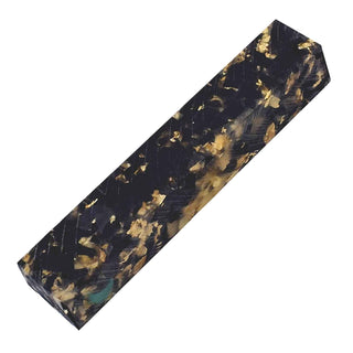 Gilded Moons Midnight Acrylic Pen Blank with black crescent shapes and metallic gold flakes in clear resin. Side view
