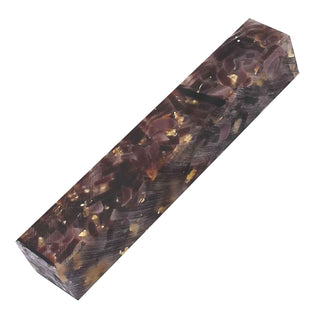 Gilded Moons Mocha Acrylic Pen Blank with brown crescent shapes and metallic gold flakes in clear resin. Side view