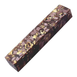 Gilded Moons Mocha Acrylic Pen Blank with brown crescent shapes and metallic gold flakes in clear resin
