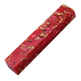 Gilded Moons Ruby Acrylic Pen Blank with red crescent shapes and metallic gold flakes in clear resin
