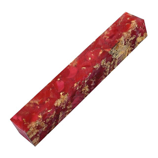 Gilded Moons Ruby Acrylic Pen Blank with red crescent shapes and metallic gold flakes in clear resin. Side view