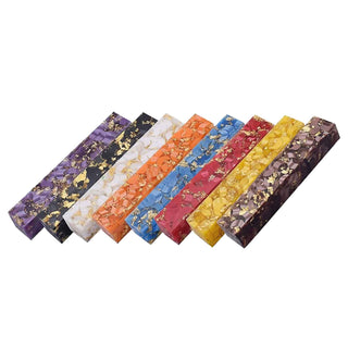 Gilded Moons Acrylic Pen Blanks in assorted colors with crescent-shaped acrylic pieces and metallic gold flakes in clear resin