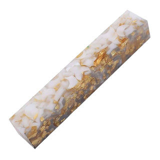Gilded Moons Pearl Acrylic Pen Blank with white crescent shapes and metallic gold flakes in clear resin. Side view