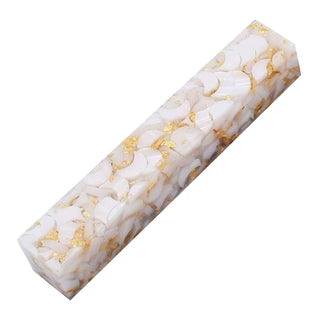 Gilded Moons Pearl Acrylic Pen Blank with white crescent shapes and metallic gold flakes in clear resin